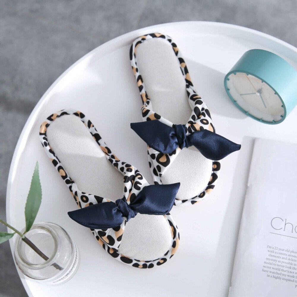 Leopard Print Plush Slippers with Navy Bow | Cozy Indoor Essentials - Picture 2 of 3